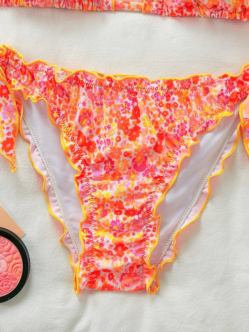 Cute Orange Floral Print Bikini Set Women Halter Ruffles Push Up Tie Side Thong Swimsuit 2026 Summer Bathing Suit Micro Swimwear