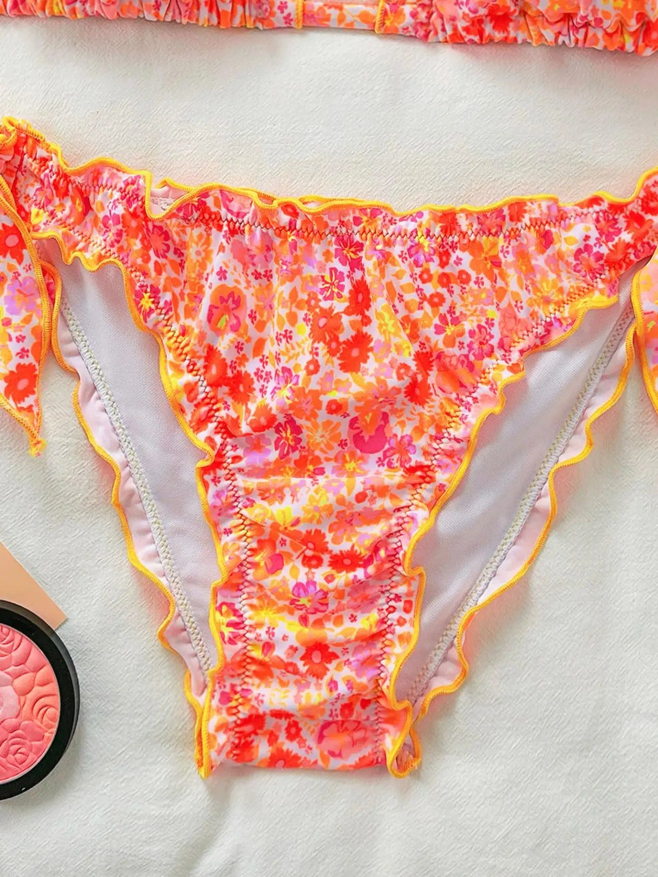 Cute Orange Floral Print Bikini Set Women Halter Ruffles Push Up Tie Side Thong Swimsuit 2026 Summer Bathing Suit Micro Swimwear