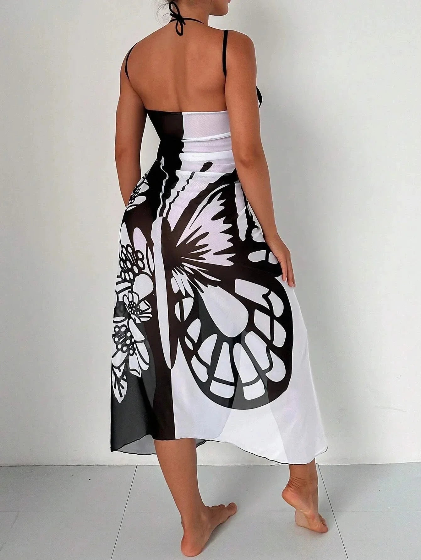 Sexy Butterfly Print Cover Up 2026 Women Black Patchwork Mesh Dress Tunic Bikini Lady Elegant Bath Sarong Wrap Skirt Beachwear