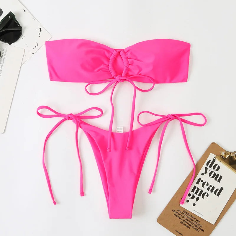 Sexy Bandeau Bikini Swimwear Women Red Black Pleate Lace Up Swimsuit 2024 Cut Out Beach Bathing Suit Tie Side Thong Bikinis Sets