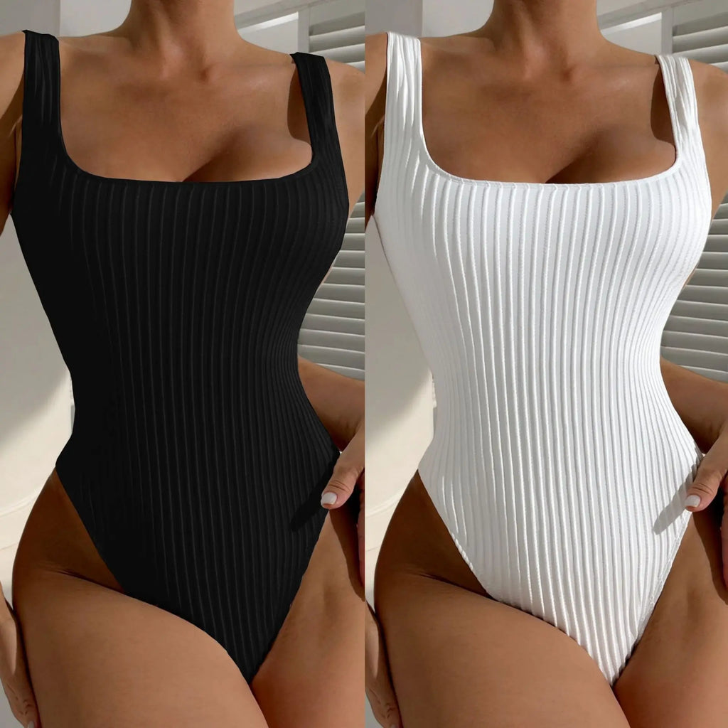 White Black One Piece Swimsuit for Women Summer Beach Vacation Ribbed Monokini Slim Backless Bathing Suit Tummy Control Swimwear