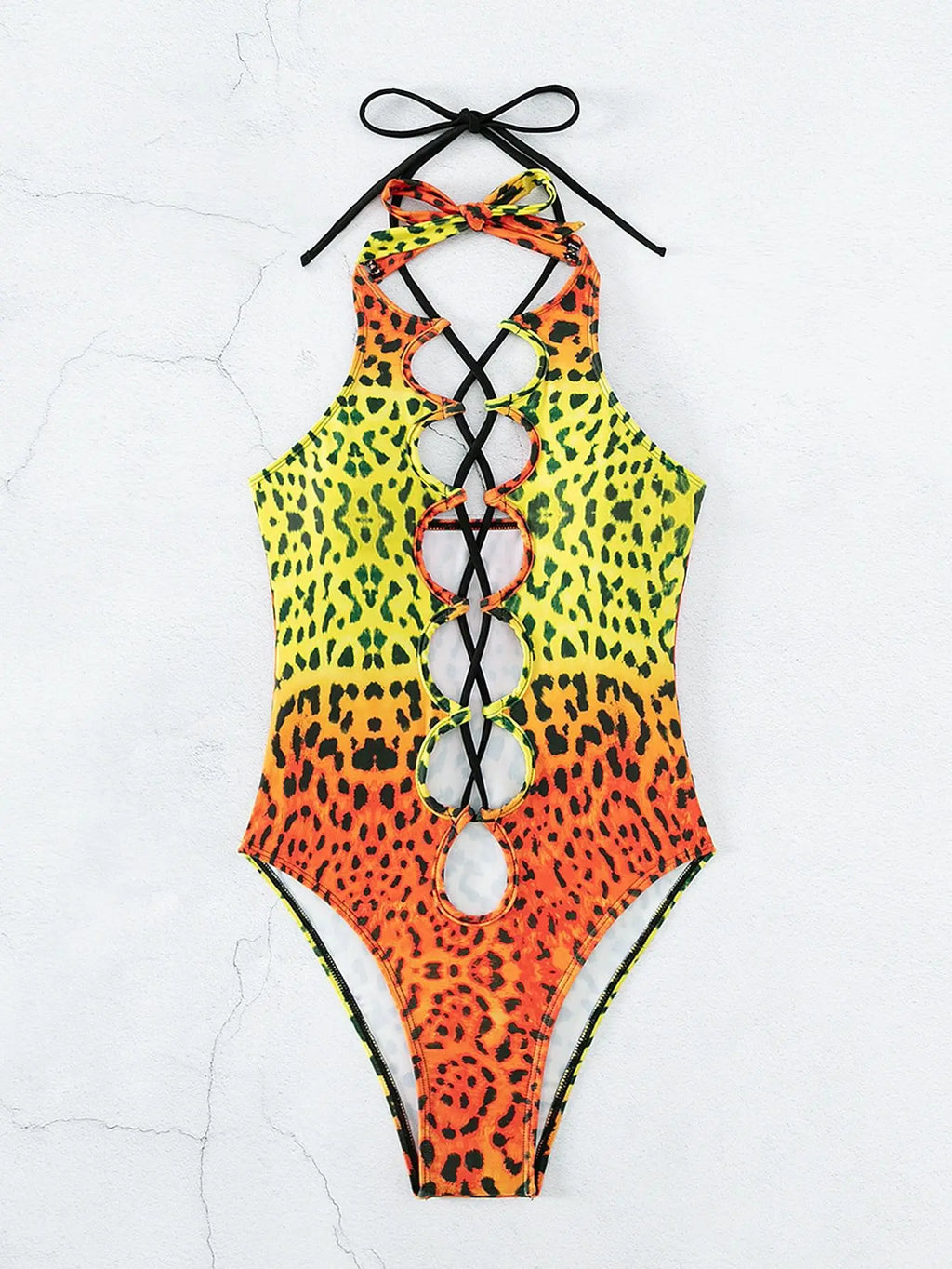 Sexy Hollow Out One Piece Swimsuit 2025 Women Blue Leopard Print Gradient Bandage Backless Bikini Bathing Suit Thong Swimwear
