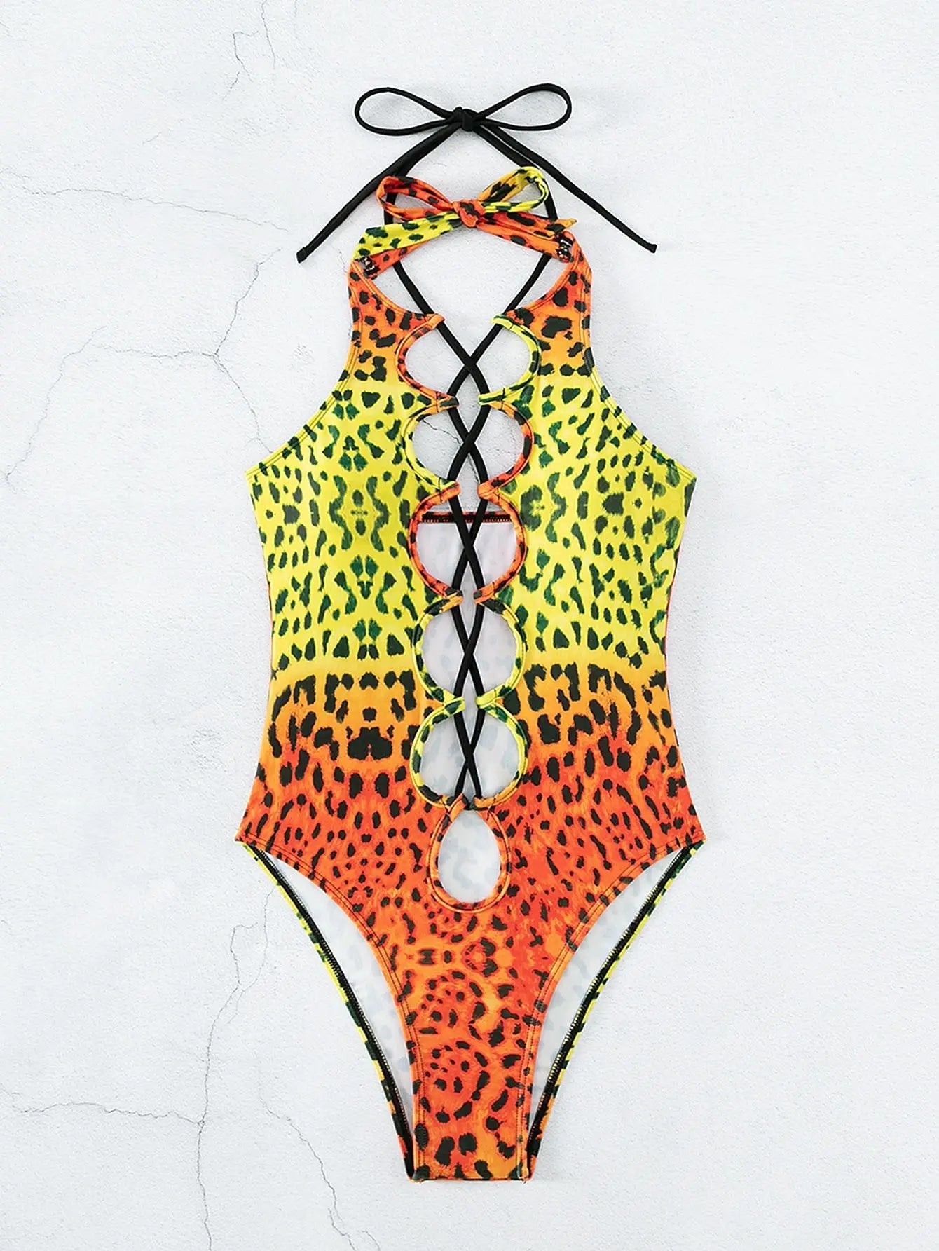 Sexy Hollow Out One Piece Swimsuit 2025 Women Blue Leopard Print Gradient Bandage Backless Bikini Bathing Suit Thong Swimwear