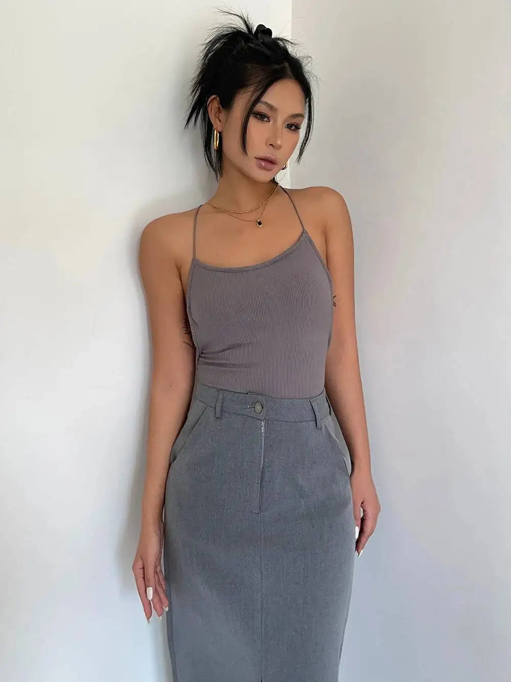 WOMENGAGA Retro High Waist Half Skirt Girl Bifurcate Slim A-LINE Gray Skirts Fashion American Spicy Girls 2023 New 5P2F