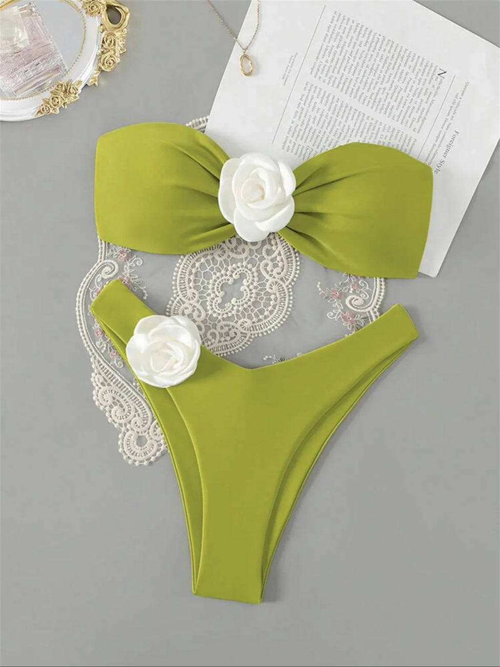 3D Flowers Bandeau Bikini 2024 Women Sexy Green Contrast Push Up Micro Swimsuit Bathers Bathing Suit Thong Swimwear Beachwear