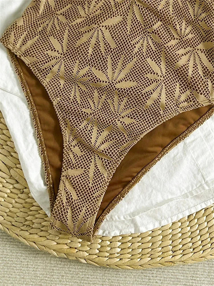 Vintage Coffee Leaves Print One Piece Swimsuit 2026 Women Beaded String Hollow Out Backless Mesh Slim Fit Tummy Control Swimwear