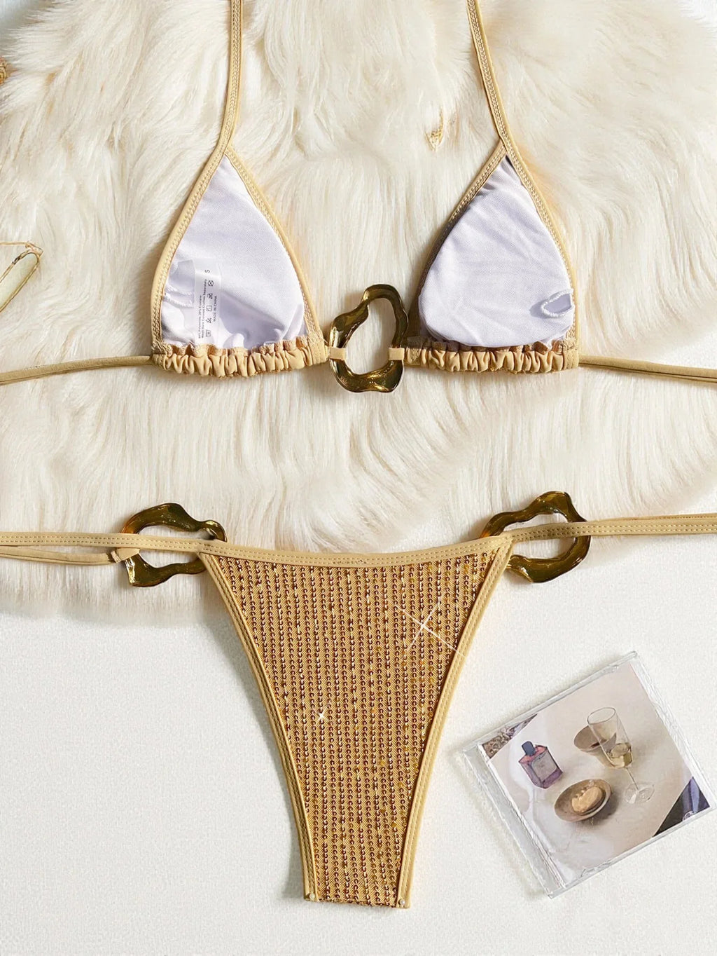 Sexy Glitter Sequin Gold Bikinis Sets Women 2026 Metal Circle Push Up Tie Side Thong Swimsuit Beach Bathing Suit Micro Swimwear
