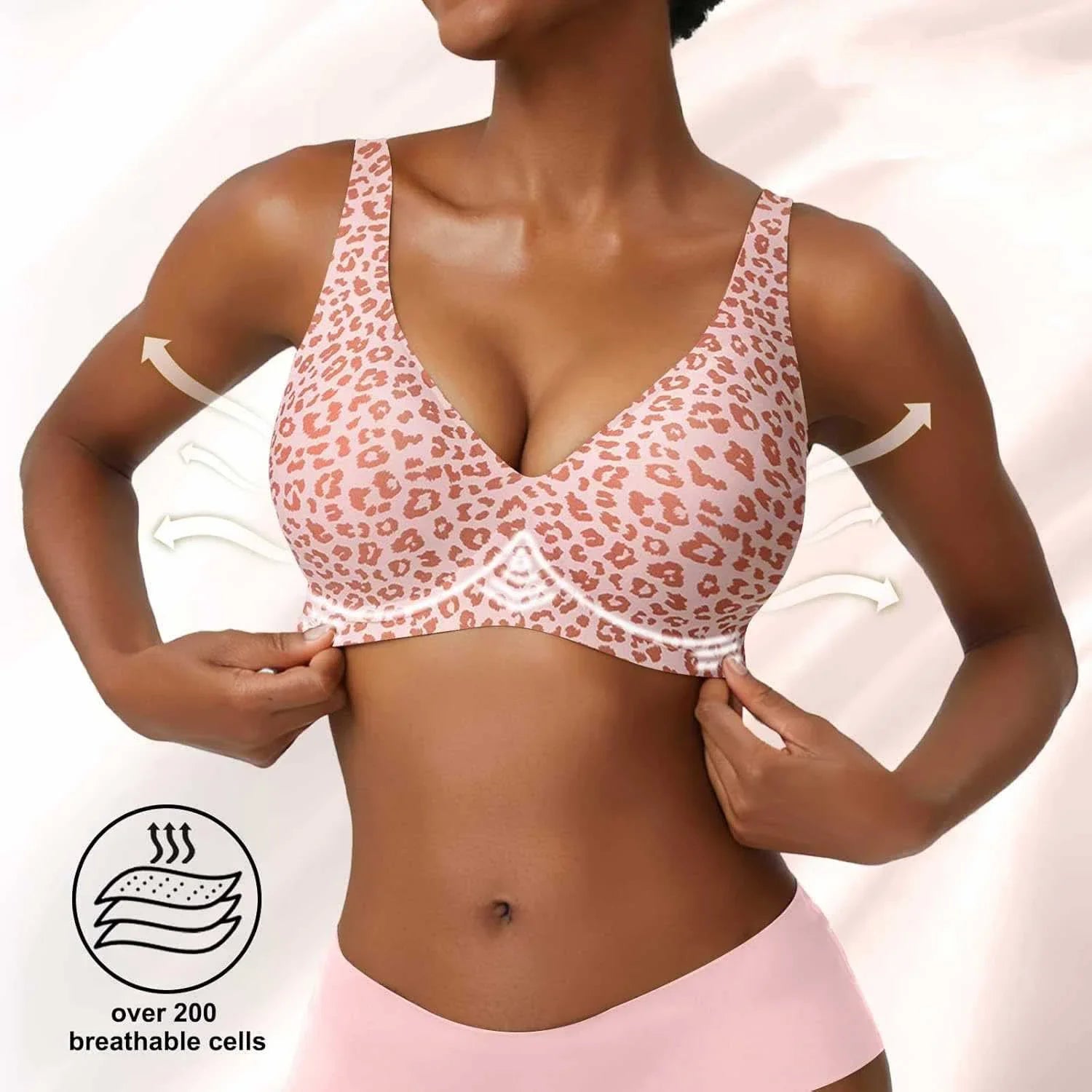Women's Seamless Pink Leopard Print Bra Wire-Free Bra Full Cup Soft Thin Mold Support Breathable and Beauty Deep V Plus Up Bra