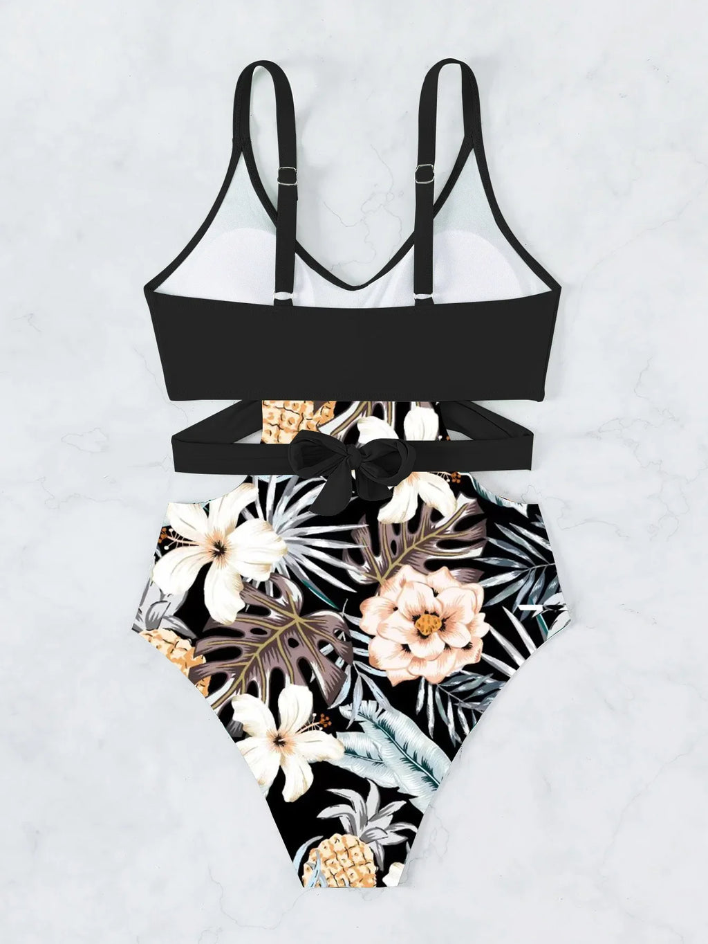 One Piece Swimsuit Women Vintage Green Floral Print Hollow Out Backless High Waist Bikini 2025 Bathing Suit Bandage Swimwear