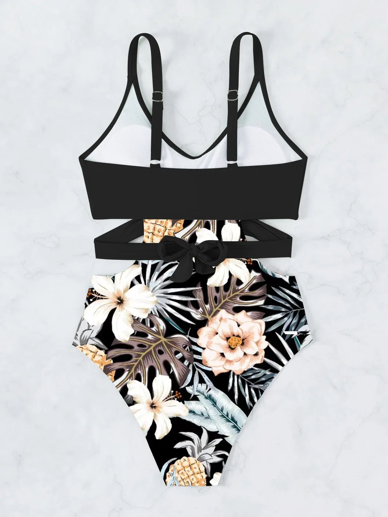 One Piece Swimsuit Women Vintage Green Floral Print Hollow Out Backless High Waist Bikini 2025 Bathing Suit Bandage Swimwear