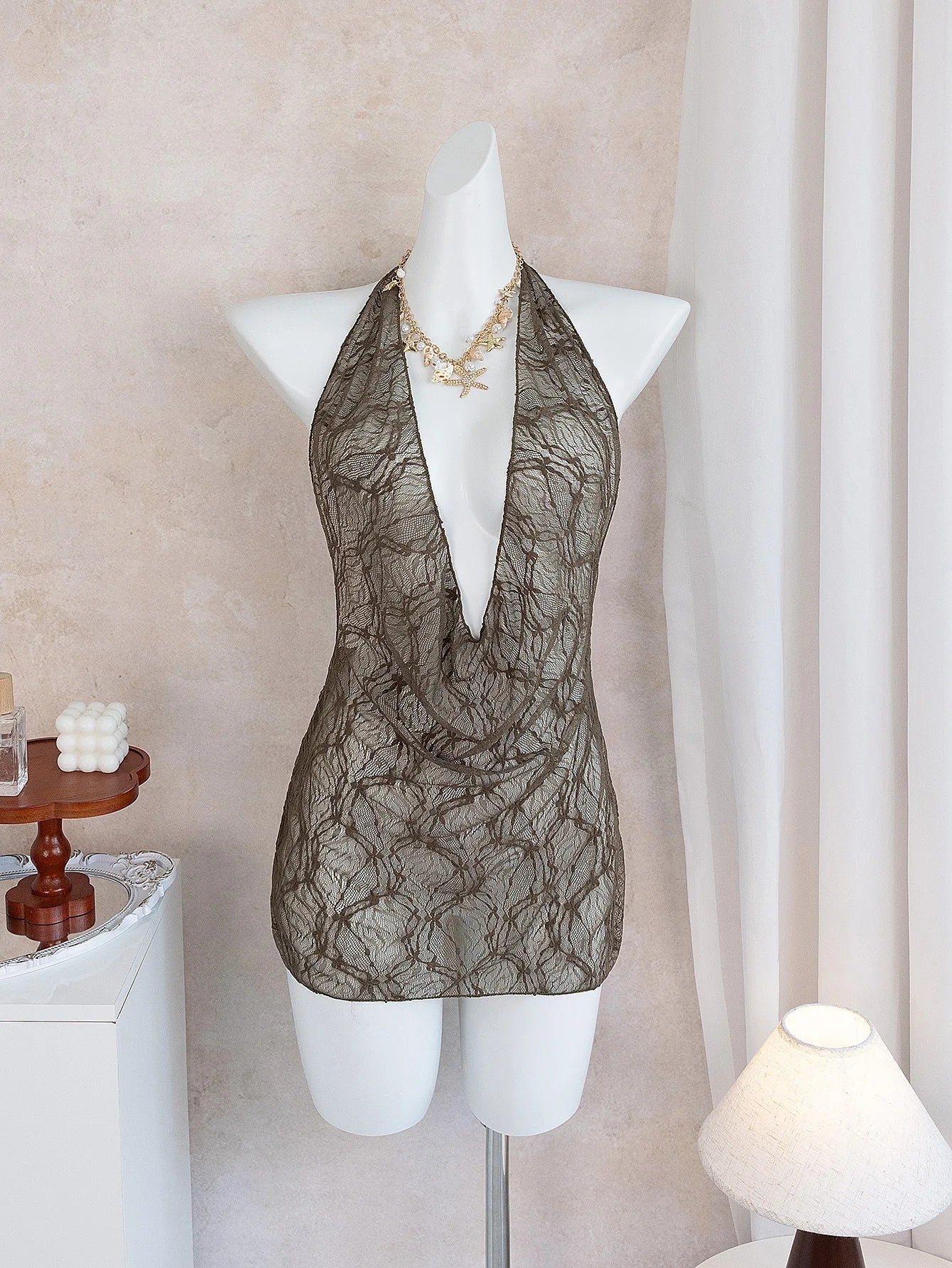 Women's Casual  Beach Cover Ups Brown Deep V Neck Pleate Lace Short Dress Spring & Fall Vacation Sun Protection Smock