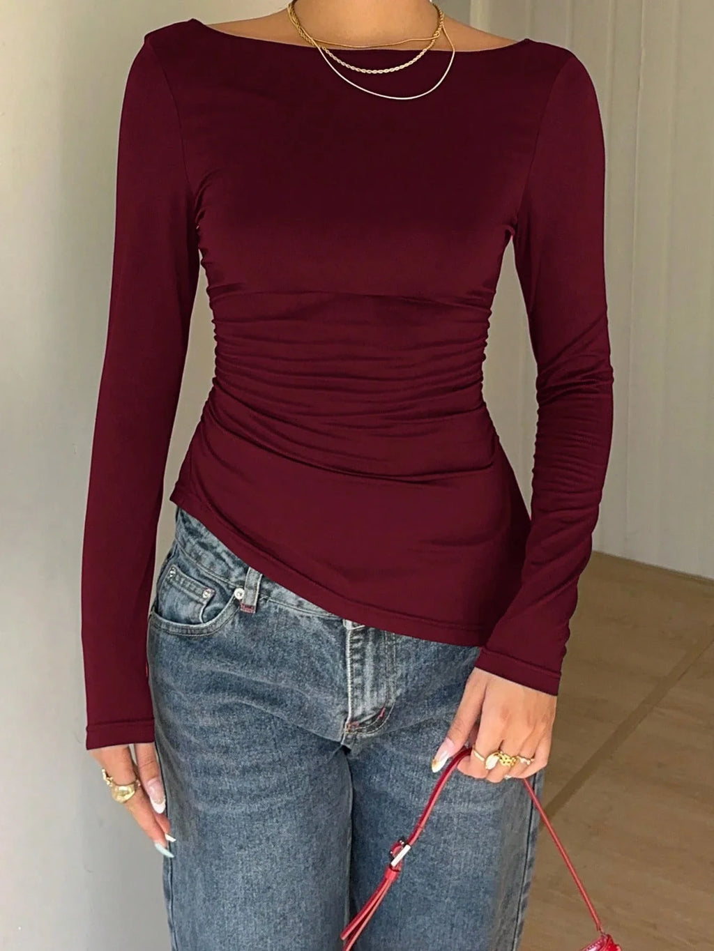 Women's Elegant Lace Patchwork Bow Decorate Long Sleeve T-Shirt Casual Asymmetry Hem Slim Fit Boat Collar Pleating Tops 2026