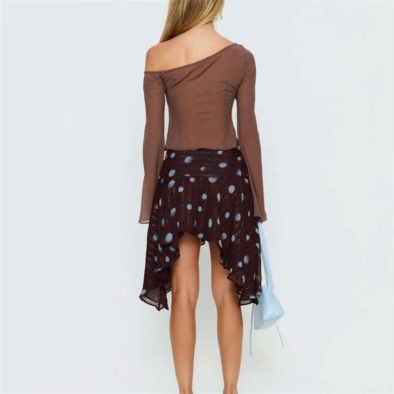 Women Polka Dot Mini Skirt See Through Mesh Sheer Ladies Aesthetic Y2K Clothes High Waist Sweet Midi Boho Skirt Streetwear