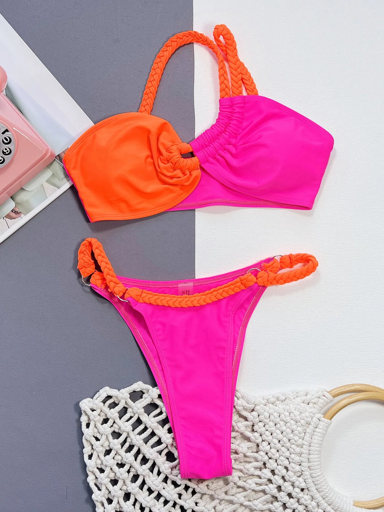 Sexy Orange Hot Pink Contrast Bikini Set 2024 Women Rope One Shoulder Hollow Out Push Up Swimsuit Bathing Suit Thong Swimwear
