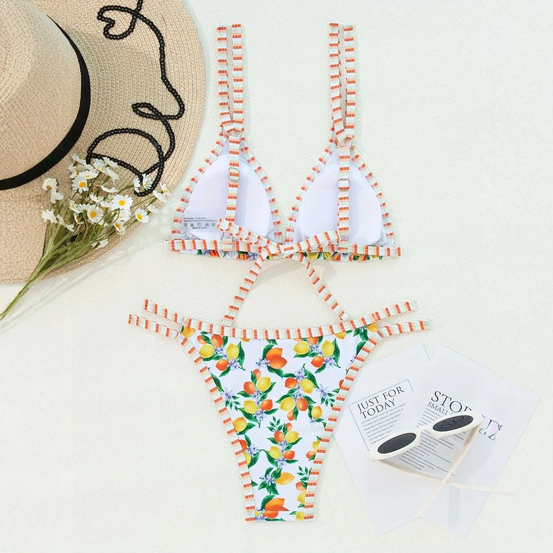 2026 Sexy Orange Print Micro Bikini Women Double Strap Push Up Bra Hollow Out Thong Swimsuit Beach Bathing Suit Holiday Swimwear