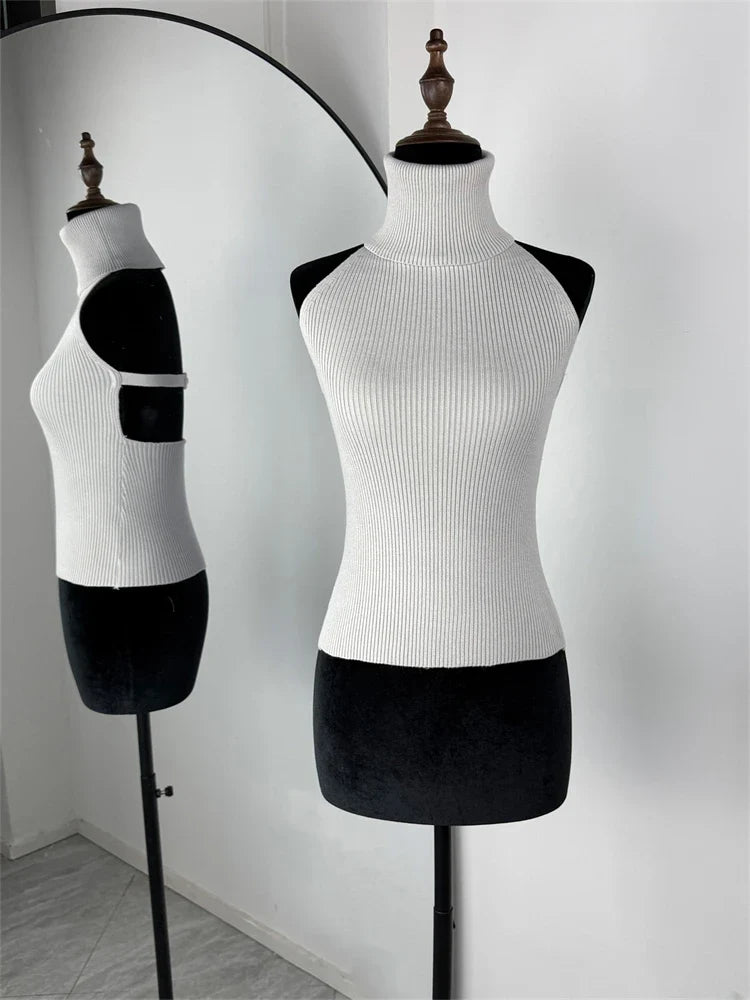 Trendix Knit Tank Top Sets For Women Fashion High Neck Vest And Long Sleeve Shawl 2 Piece Suits Sexy Backless Knitwear Top Femme