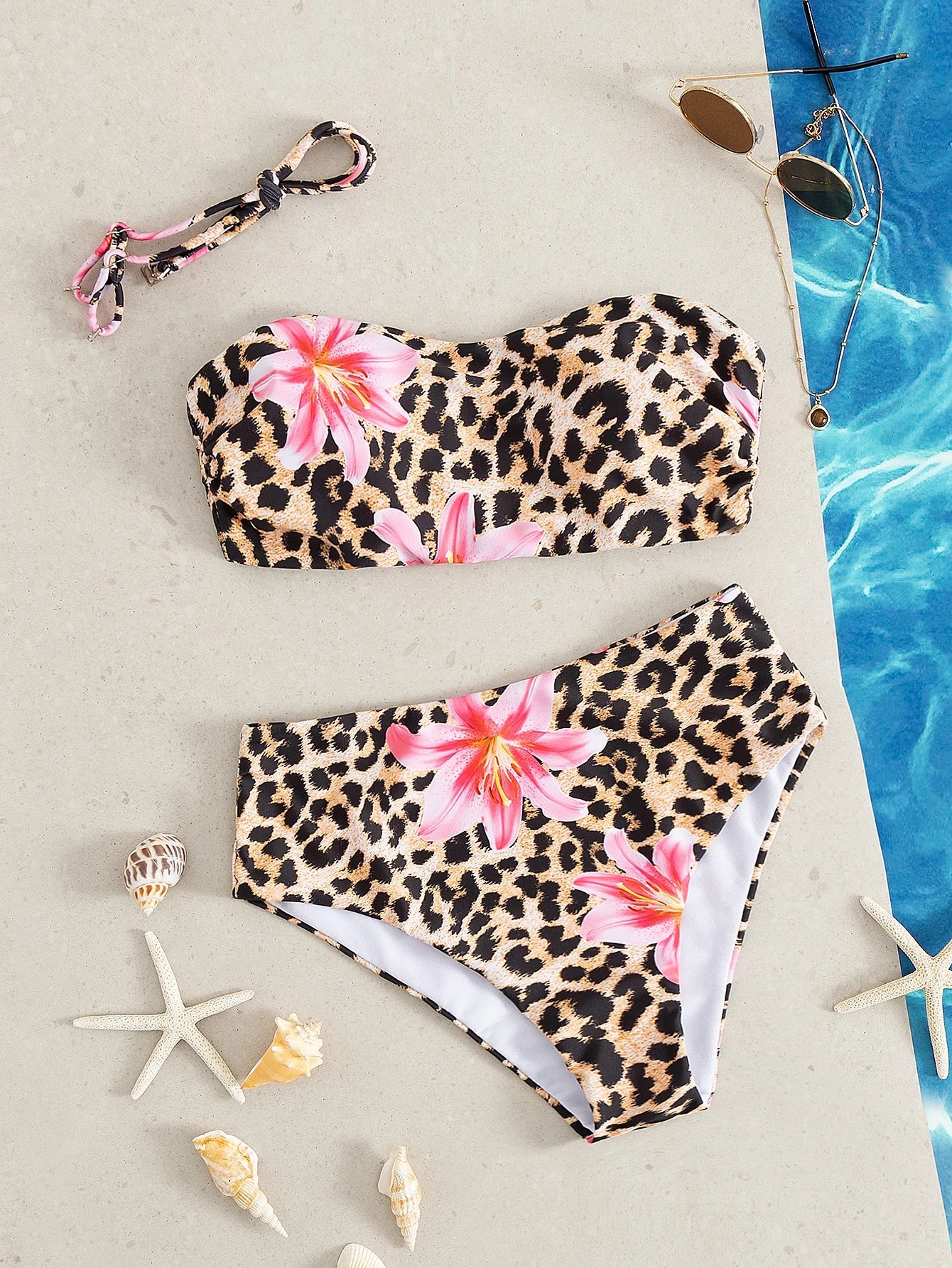 Sexy Bandeau Bikini 2025 Women Pink Floral Leopard Print Push Up 2 Piece Swimsuit Beach Bathing Suit High Waist Swimwear Biquini
