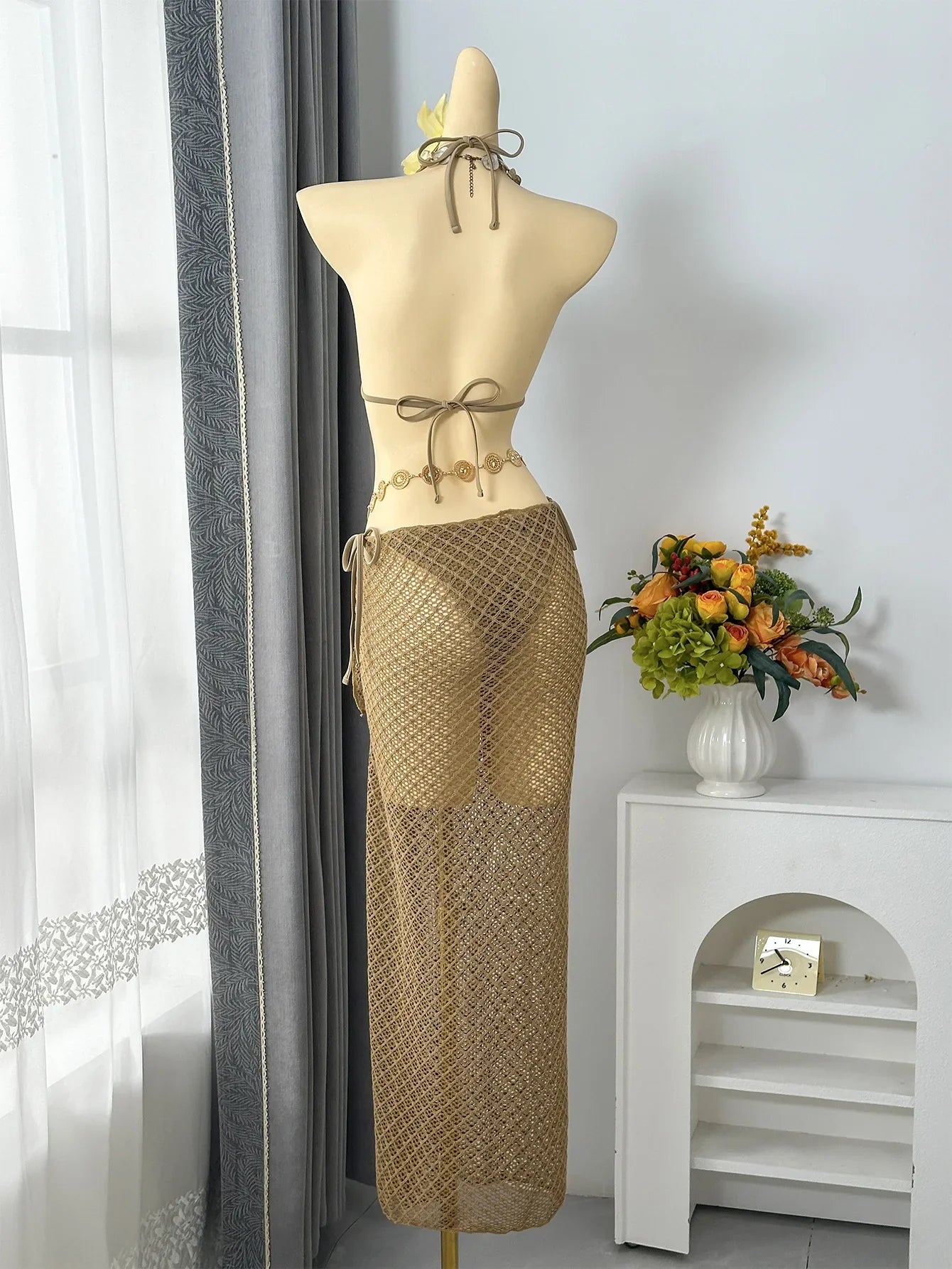 Vintage Beige Black Mesh Skirt 3 Piece Bikini Set 2026 Women Metal Chain Strap Push Up Bra Swimsuit Beach Bathing Suit Swimwear