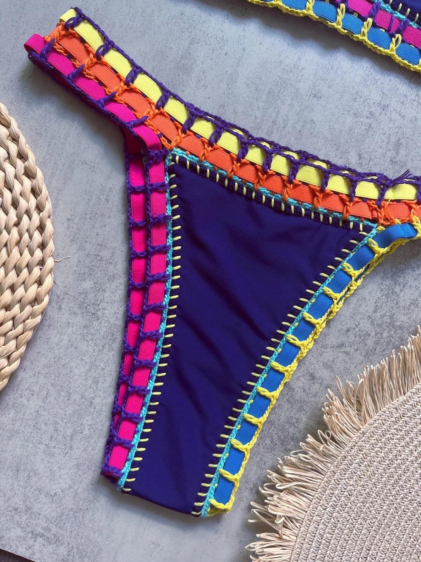 Sexy Black Patchwork Hand Crochet Bikini Set Women 2026 V Neck Push Up Bra Thong Swimsuit Beach Bathing Suit Knitted Swimwear