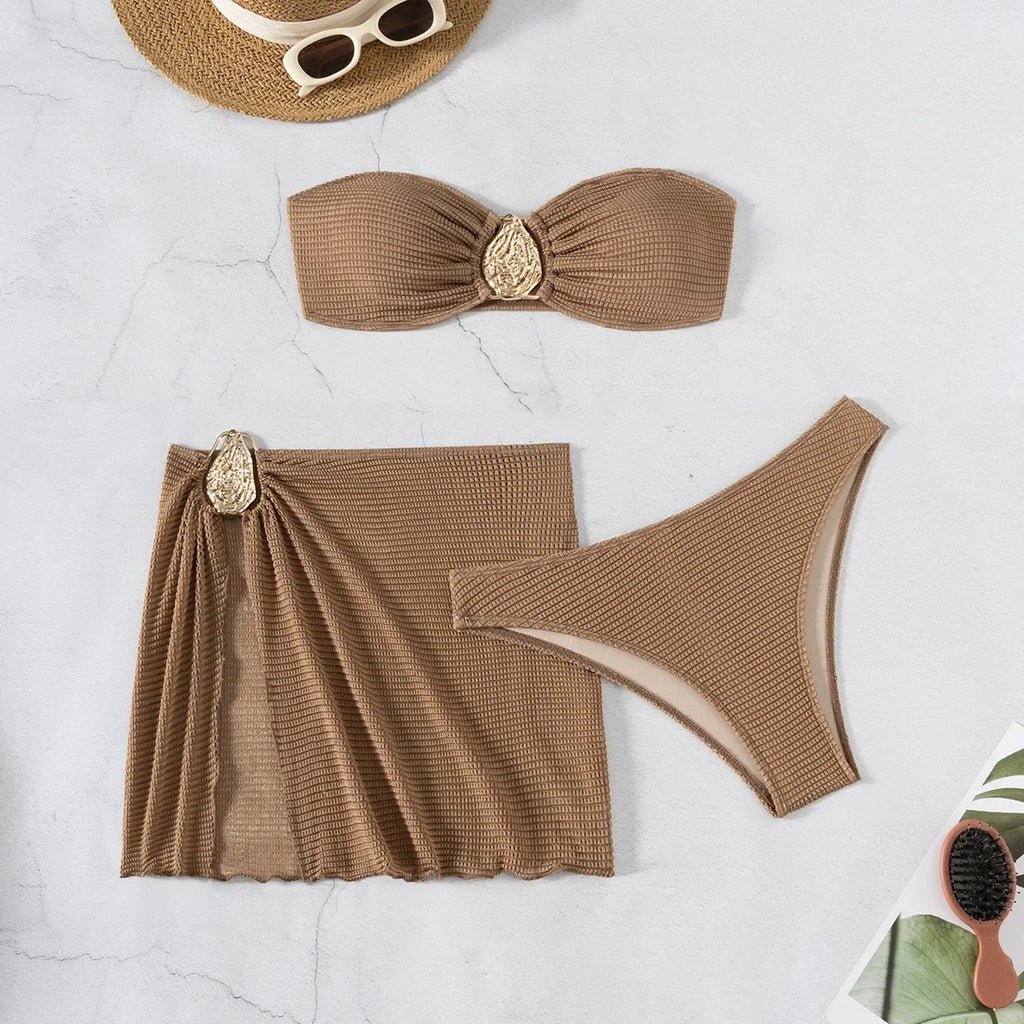 2026 New Sexy Bandeau Bikini Women Metal Water Droplet Ornament Push Up Mesh Skirt 3 Piece Swimsuit Beach Bathing Suit Swimwear