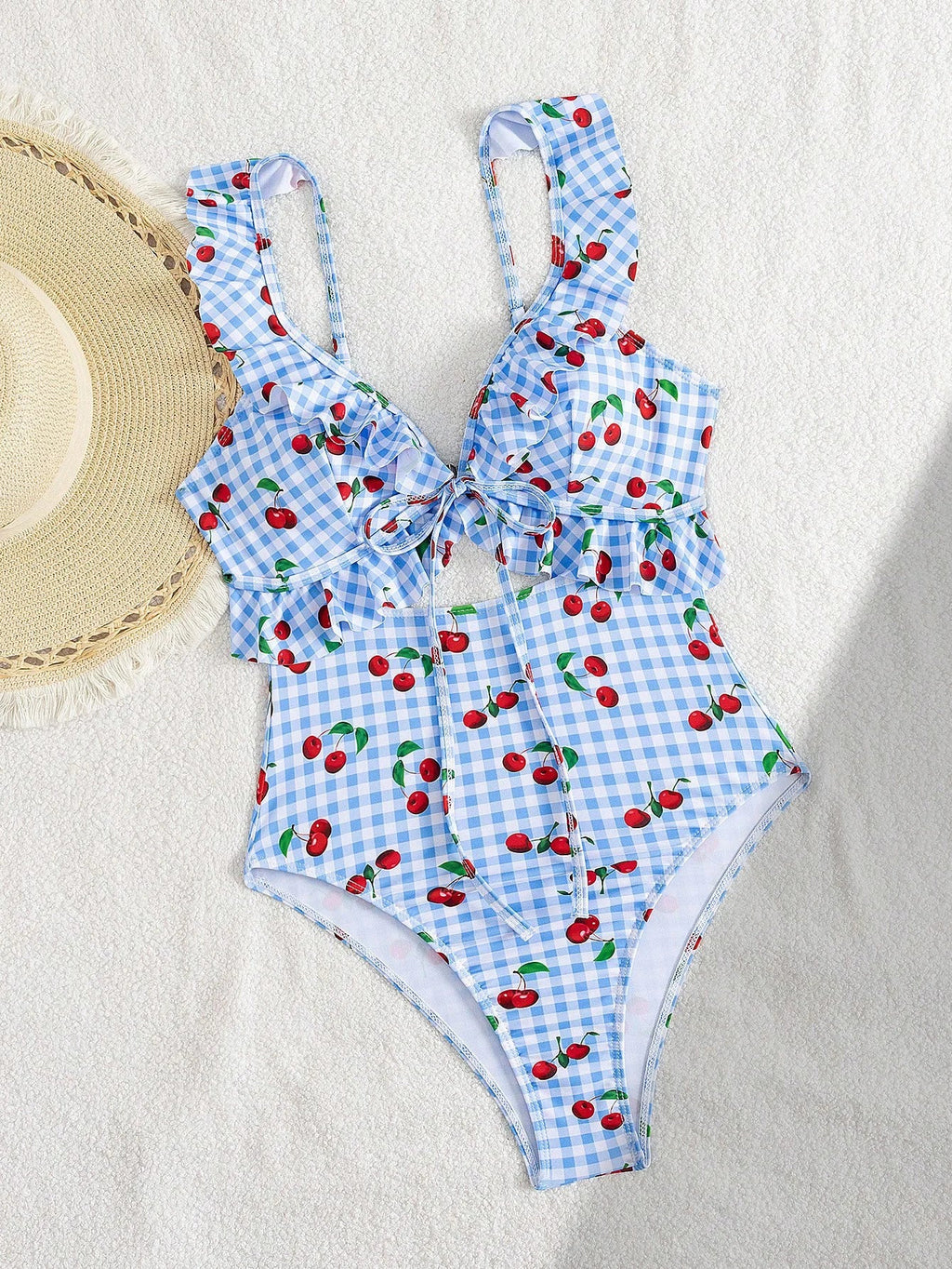 Vintage Pink Starberry Print One Piece Swimsuit 2026 Women Ruffles Bandage Cross High Waist Bikini Beach Bathing Suit Swimwear