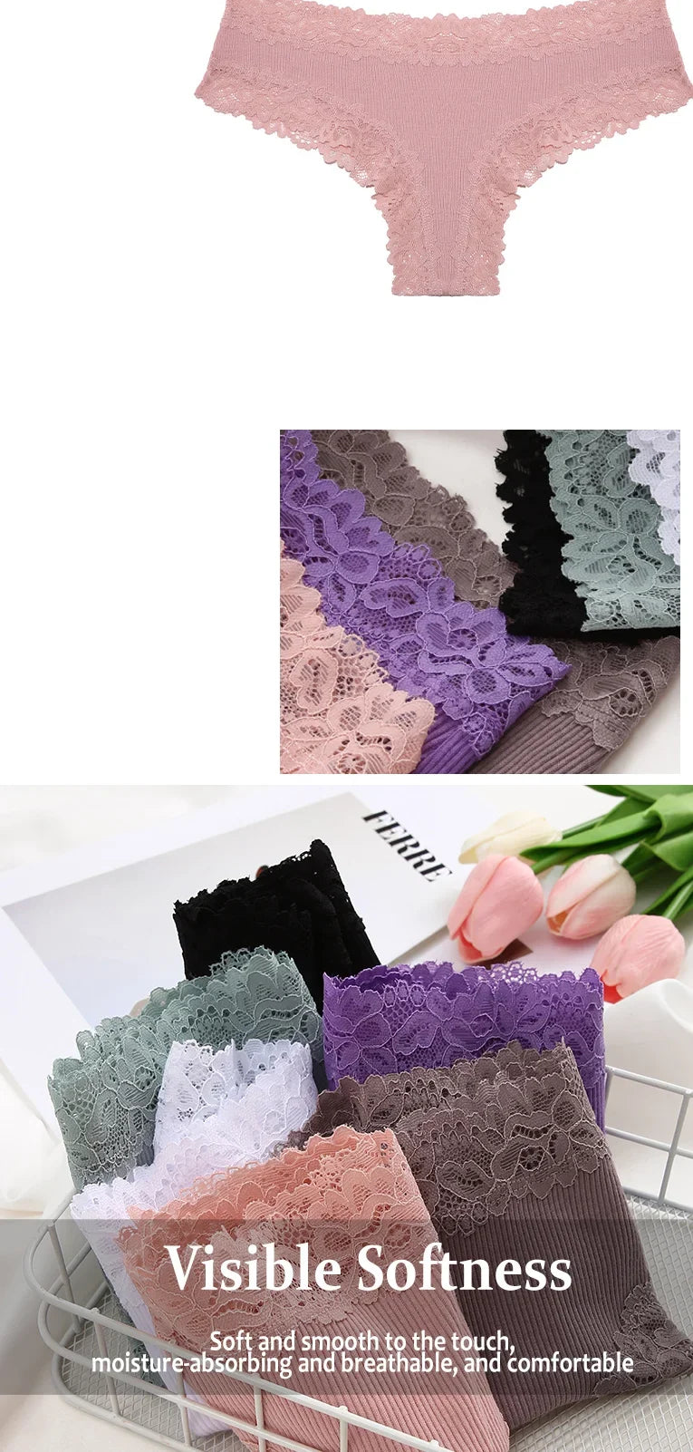 5Pcs Women Cotton Brazilian Pants Sexy Lace Brazilian Briefs Low Waist Floral Solid Color G-string Breathable Soft Lingerie