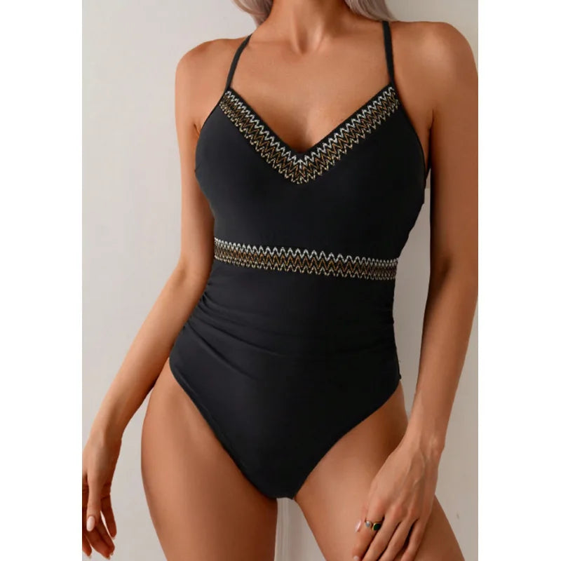 Vintage Black Knitted Patchwork One Piece Swimsuit 2026 Women Halter V Neck Back Bandage Cross Slim Tummy Control Swimwear