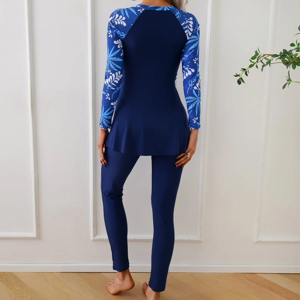 Muslim Swimwear Burkini Sets for Women Black Floral Print Zipper Long Sleeve Top Long Panties Sports Swimsuit Bathing Suit