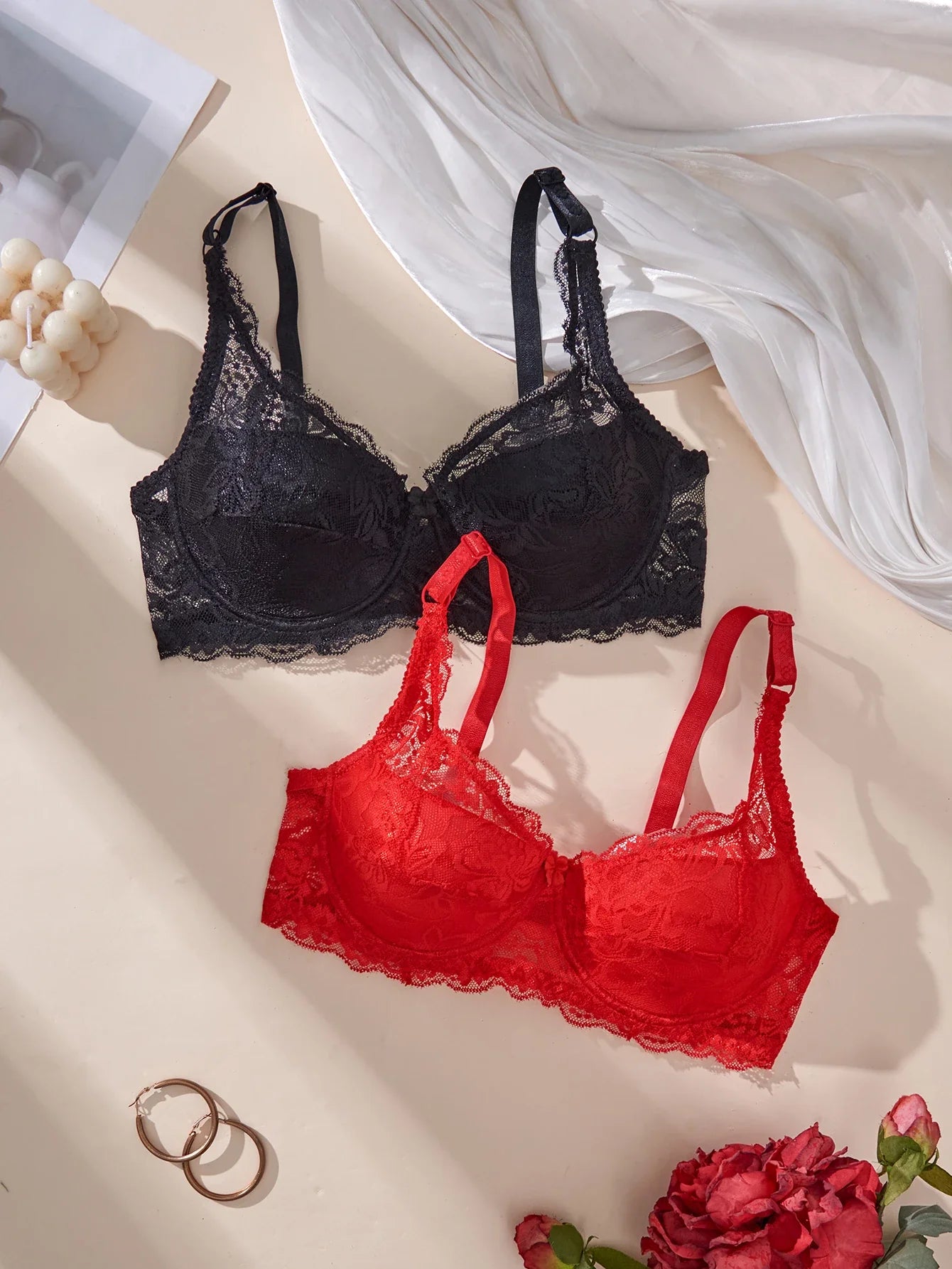 2Pcs Set Women's Sexy Bras Thin Lace Underwire Push-Up Soft Bra Adjustable Women's Underwear Set No Lining Breathable Comfortable