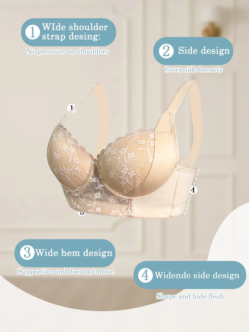 Sexy Women's A B C D Cup Large Size Lace Bras, Lace Splicing Underwire Bra, Push-Up and Side Breast Minimizing, Comfortable Women's Lingerie Bra