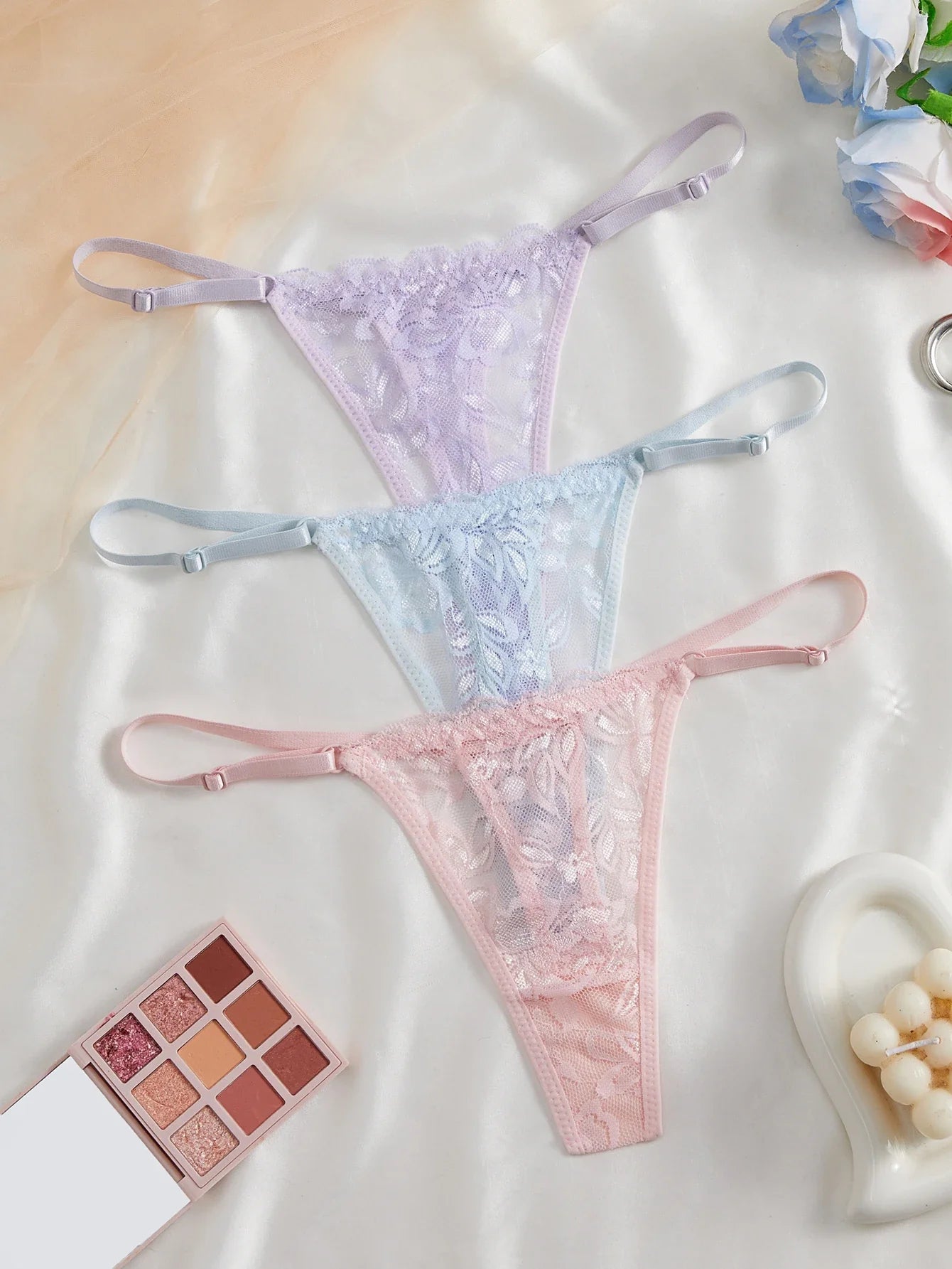 3-Pack Women's Sexy Lace Panties Underwear, Adjustable Strap Floral Lace Sheer Mesh Sexy Thong