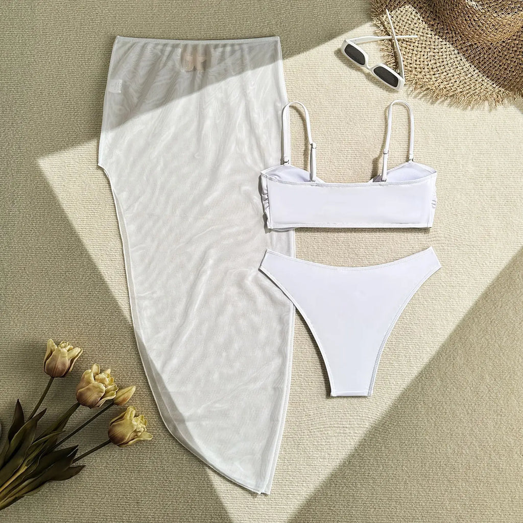 Sexy White Black Skirt 3 Piece Bikini Set 2025 Women Starfish Ornament Push Up High Waist Swimsuit Beach Bathing Suit Swimwear