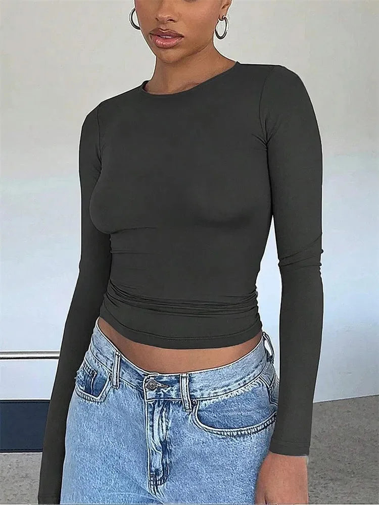 Basic Long Sleeve Crop Top for Women Spring Autumn Winter Round Neck Slim Fit Solid Color T-shirt Streetwear Tee Top
