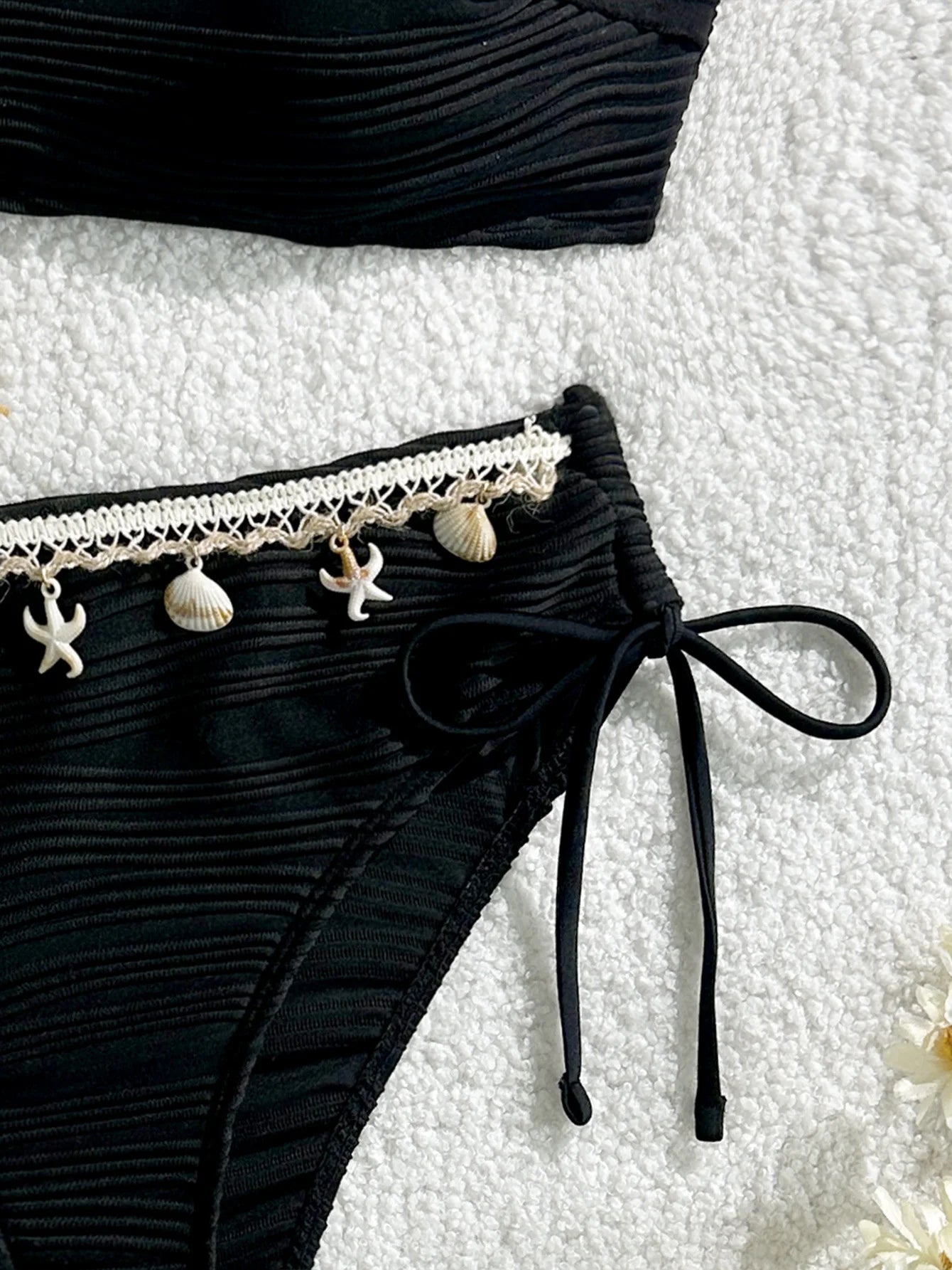 Sexy Bandeau Bikini Set 2025 Women Black Shell Starfish Push Up Drawstring Side High Waist Swimsuit Beach Bathing Suit Swimwear
