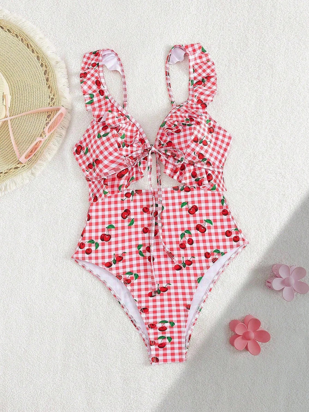 Vintage Pink Starberry Print One Piece Swimsuit 2026 Women Ruffles Bandage Cross High Waist Bikini Beach Bathing Suit Swimwear
