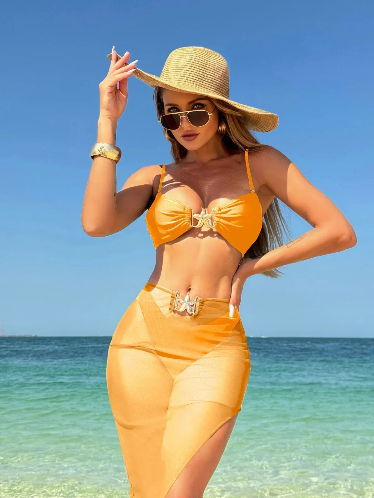 Sexy White Black Skirt 3 Piece Bikini Set 2025 Women Starfish Ornament Push Up High Waist Swimsuit Beach Bathing Suit Swimwear