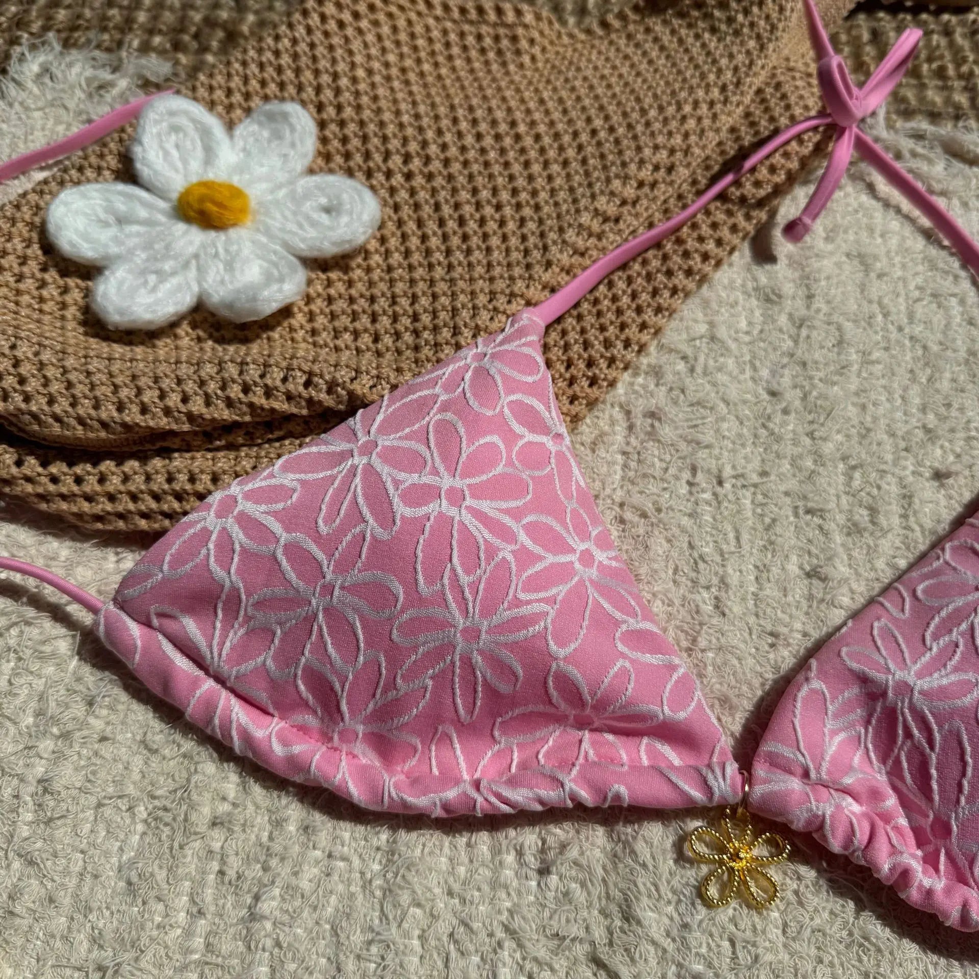 Sexy Pink Mesh Flower Bikini Set Women Halter Push Up Bra Bandage Triangle Swimsuit 2025 Summer Bathing Suit Vacation Swimwear