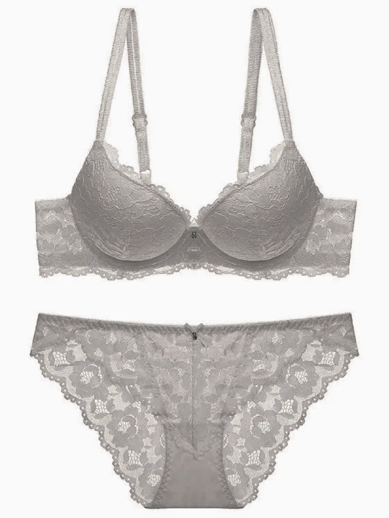 Sexy Lace Floral Women's Underwear Set Double Straps Push-Up Bra Hollow-Out Sexy Panties