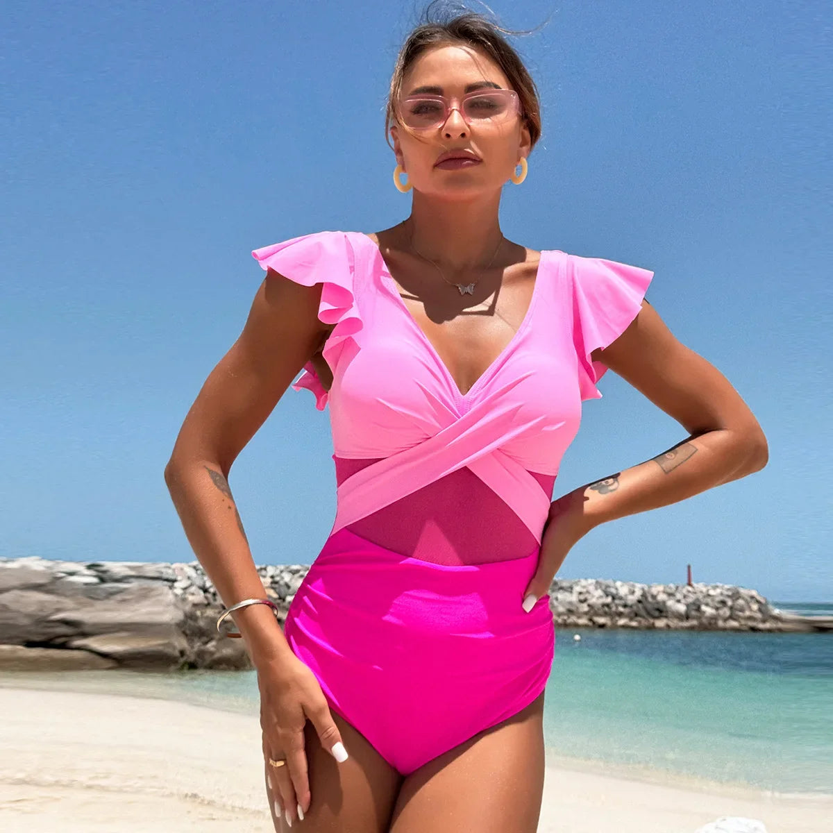 2026 Solid Women's Swimsuit Trend Tummy Control V Neck Sexy Black Bikini Ruched Bathing Suits Slim Fit Ruffle Sleeve Swimwear