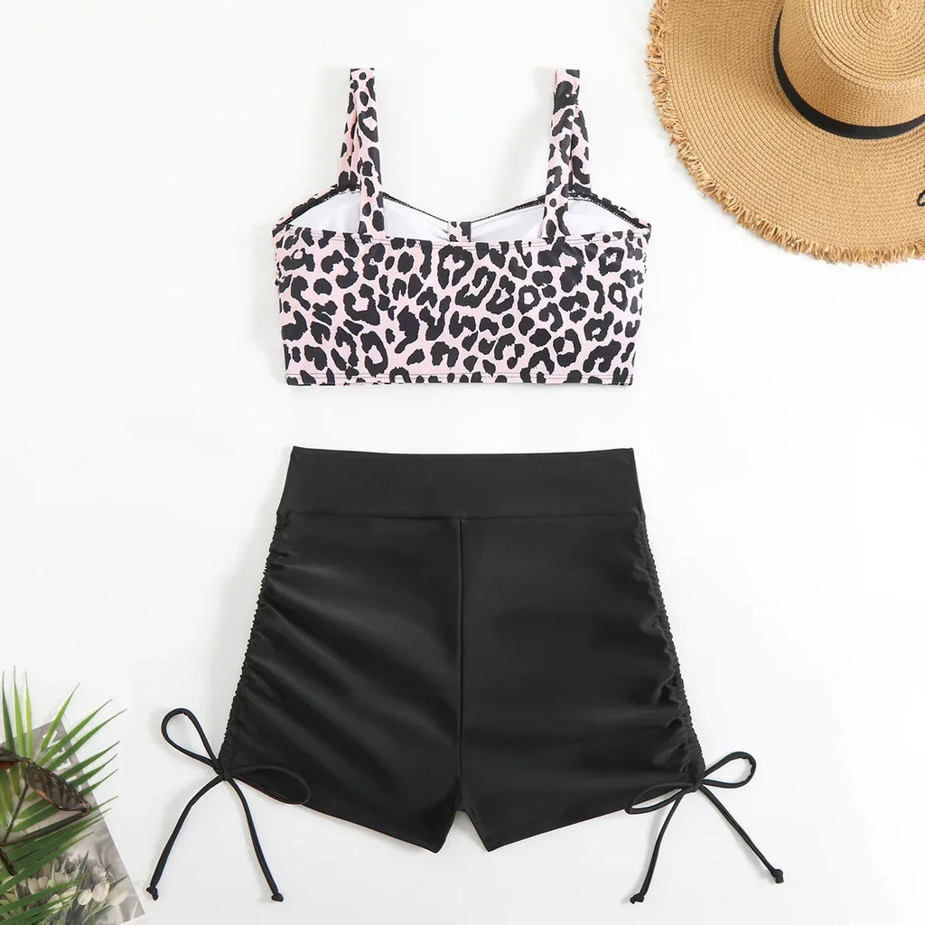 Vintage Black Leopard Print Bikini Set 2025 Women Drawstring Side High Waist Panties Swimsuit Bathing Suit Swimwear Beachwear