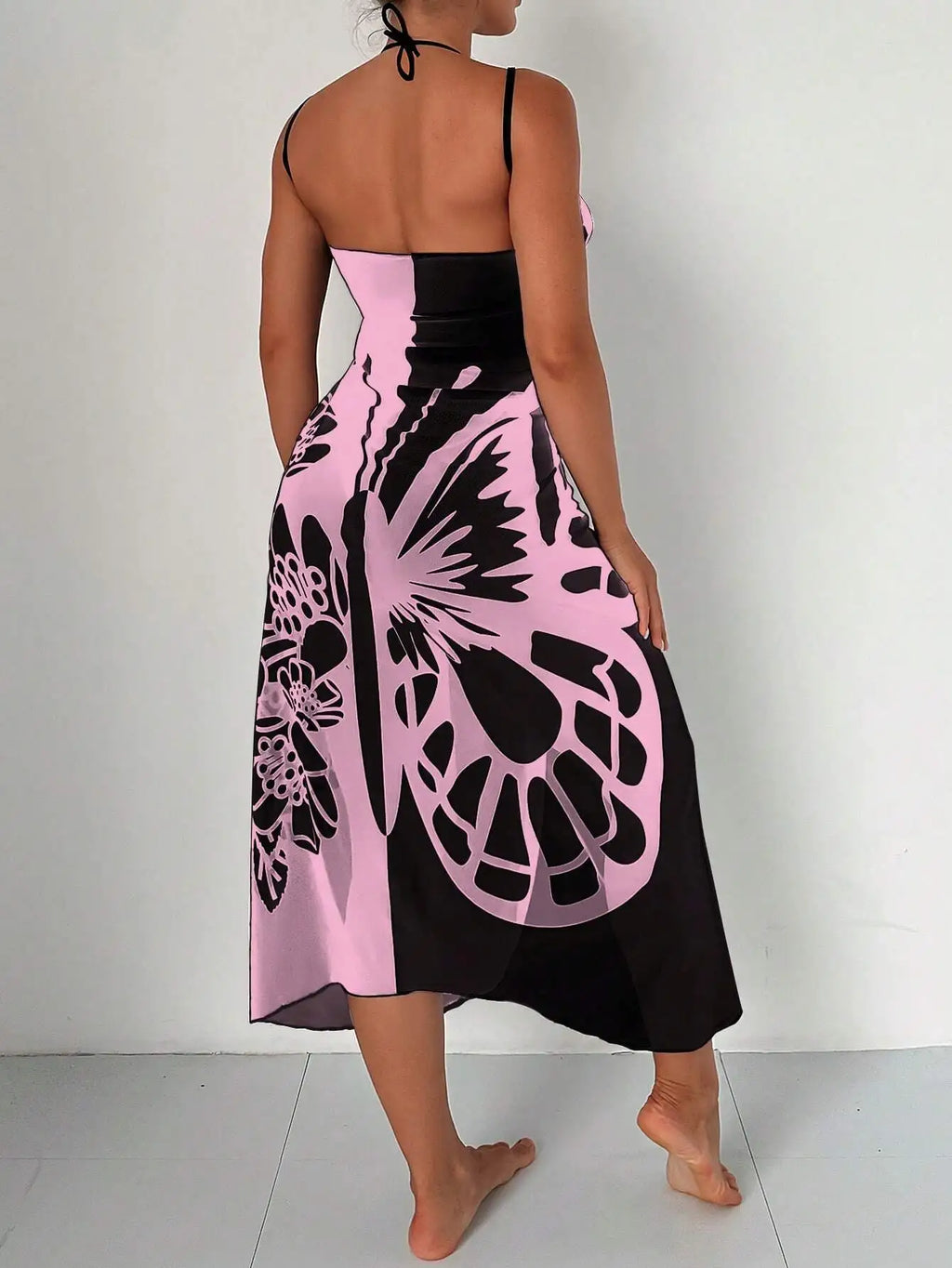 Sexy Butterfly Print Cover Up 2026 Women Black Patchwork Mesh Dress Tunic Bikini Lady Elegant Bath Sarong Wrap Skirt Beachwear