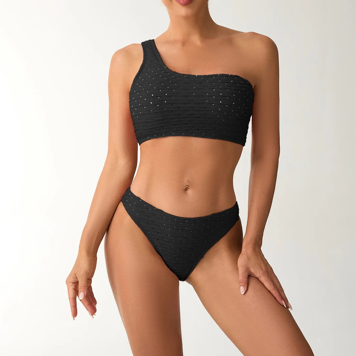2026 New Style Breathable Quick Dry Solid Color Single Shoulder Bikini Sexy Swimsuit Women's High Elasticity Thickened Backless