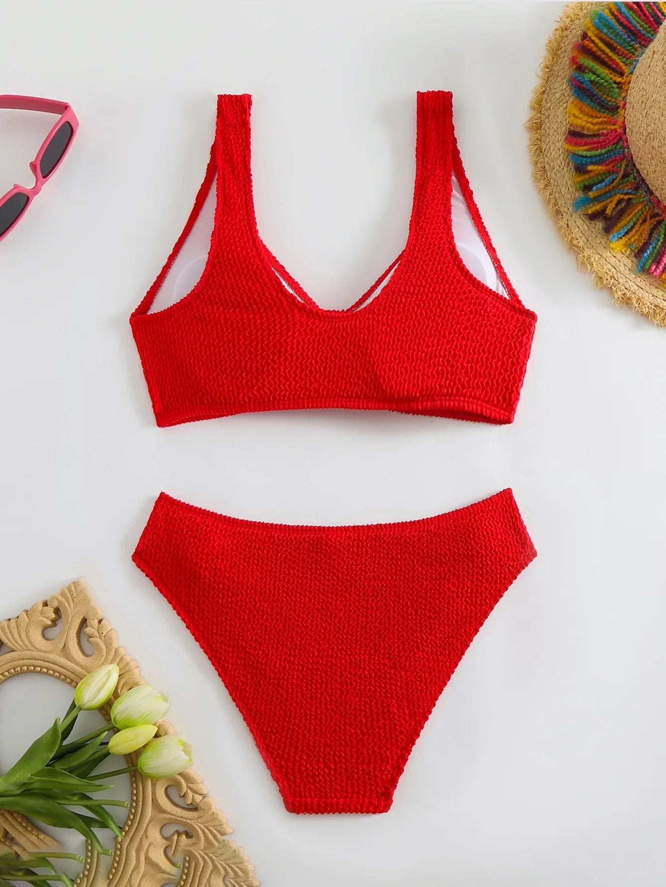 2026 New Sexy Bikini Two-Piece Swimsuit Pure Color High Elasticity Monochromatic Swimwear Comfortable Fit Women's Beachwear