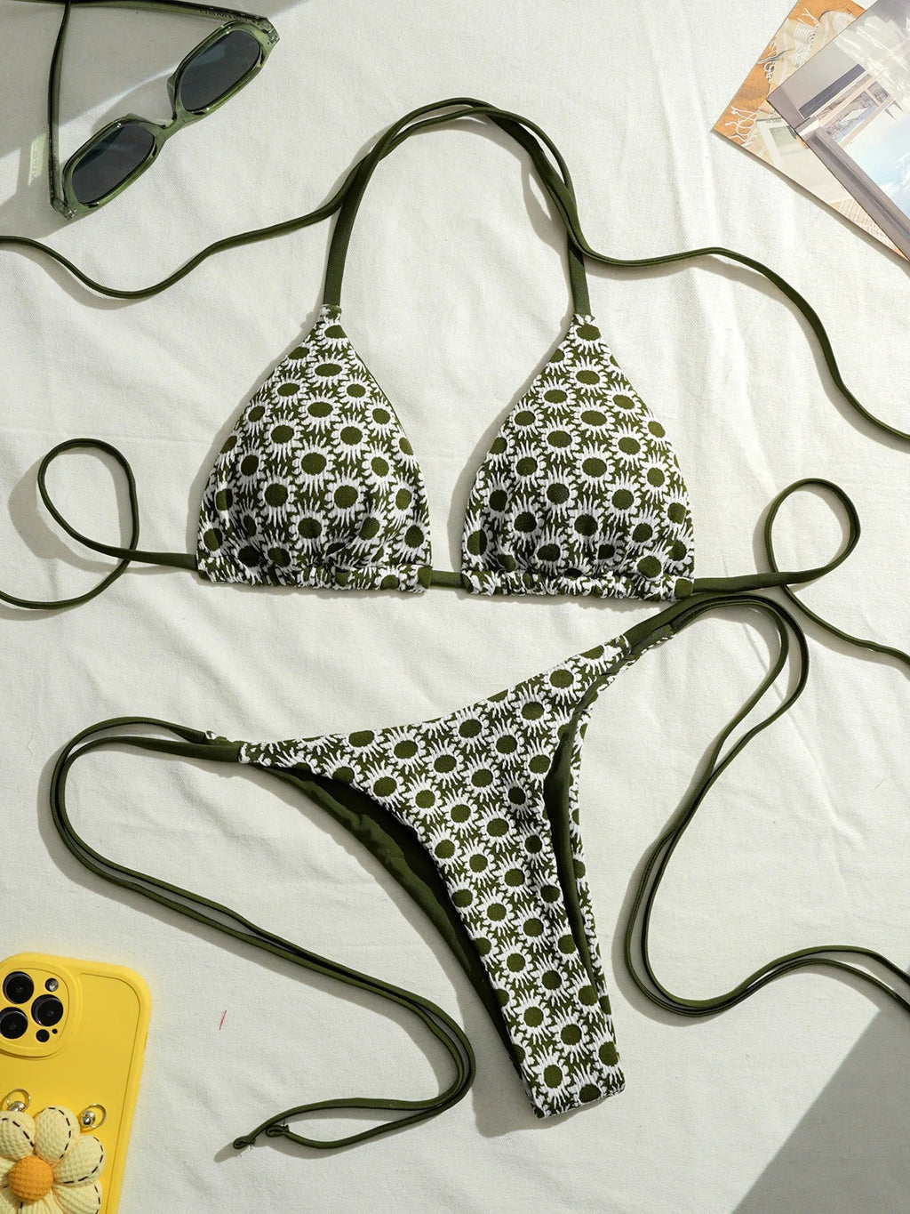 Sexy Green Sunflower Print Mini Bikini 2026 Women Halter Push Up Bra Tie Side Bandage Thong Swimsuit Beach Bathing Suit Swimwear