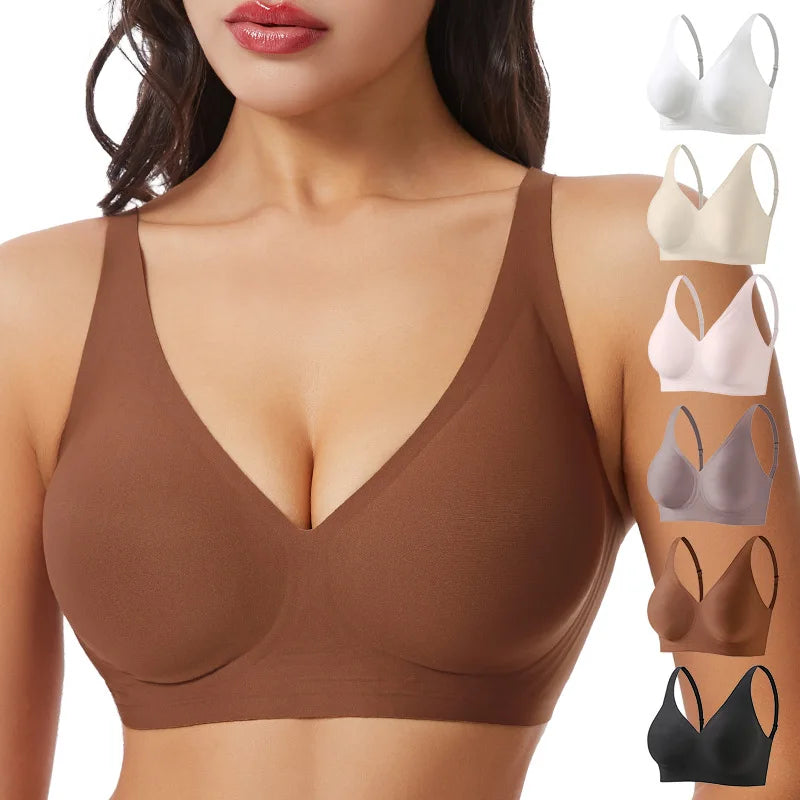 Women's Deep V Jelly Seamless Bra Wire-Free 3D Soft Support Thin Molding Leopard Print Solid Color Comfortable Bra Underwear