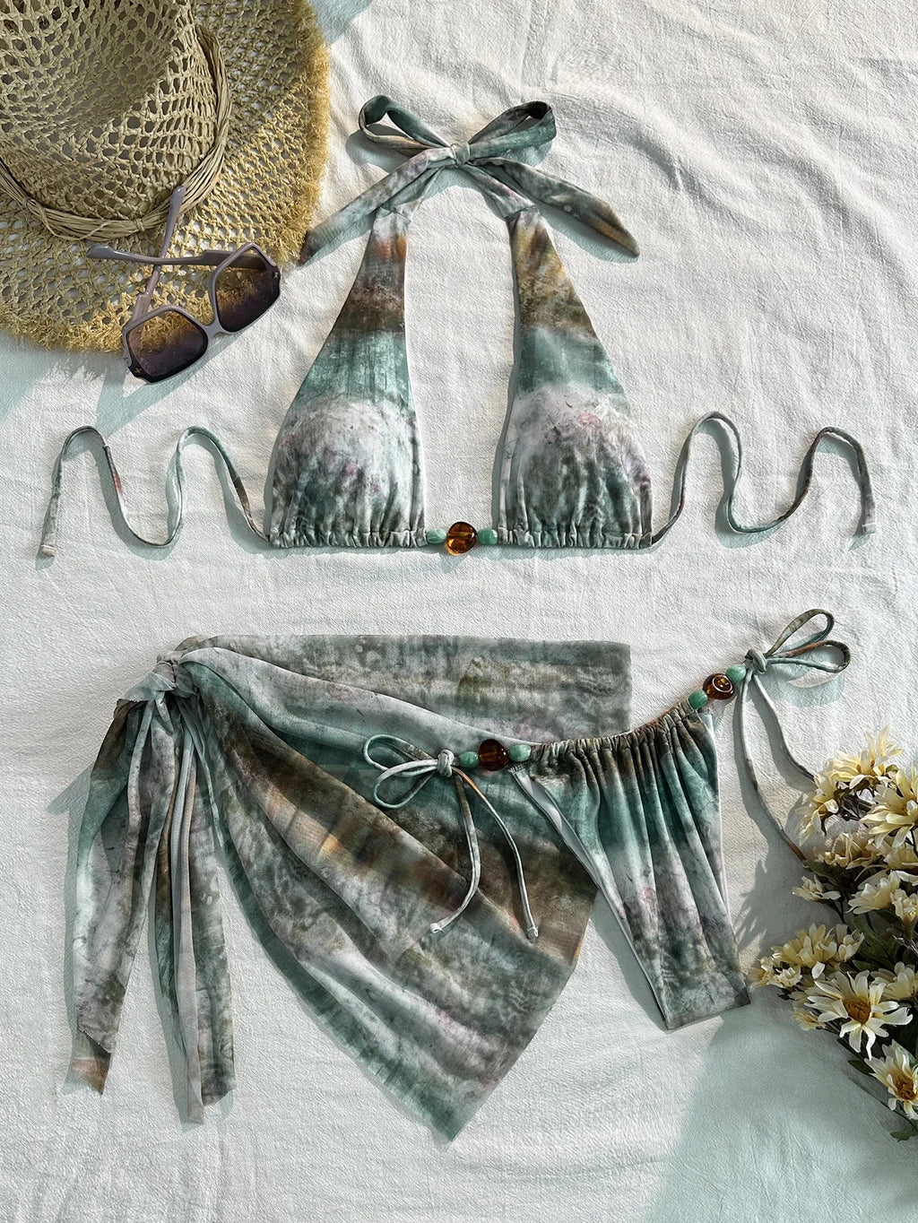 Vintage Green Tie Dye Gradient Bikini Set 2026 Women Pearls Push Up Bra Cover Up 3 Piece Swimsuit Bathing Suit Holiday Swimwear