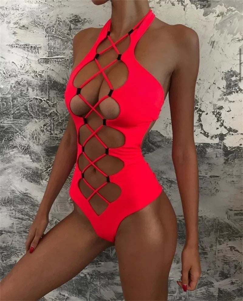 Sexy Black Hollow Out Swimwear Women 2026 High Neck Backless Monokini Lace Up Bandage Bathing Suit Holiday One Piece Swimsuit