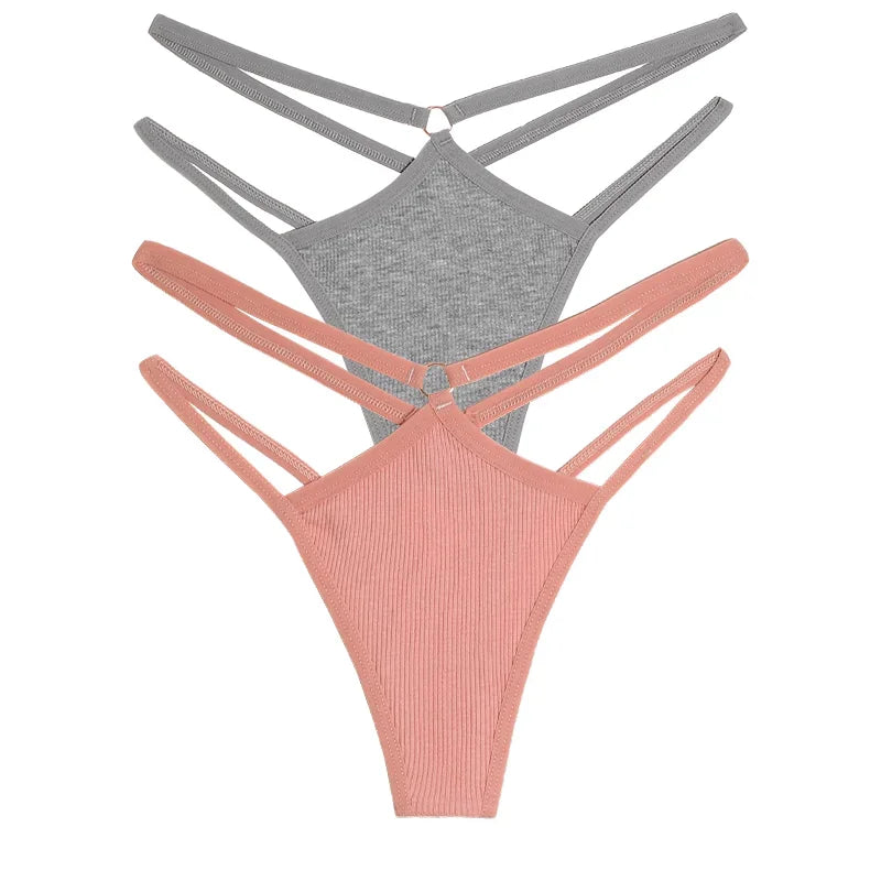 2PCS Women Sexy Cotton Panties Two Belts Hollow Out G-String Thongs Breathable Underwear for Female Solid Color Lingerie S-XL