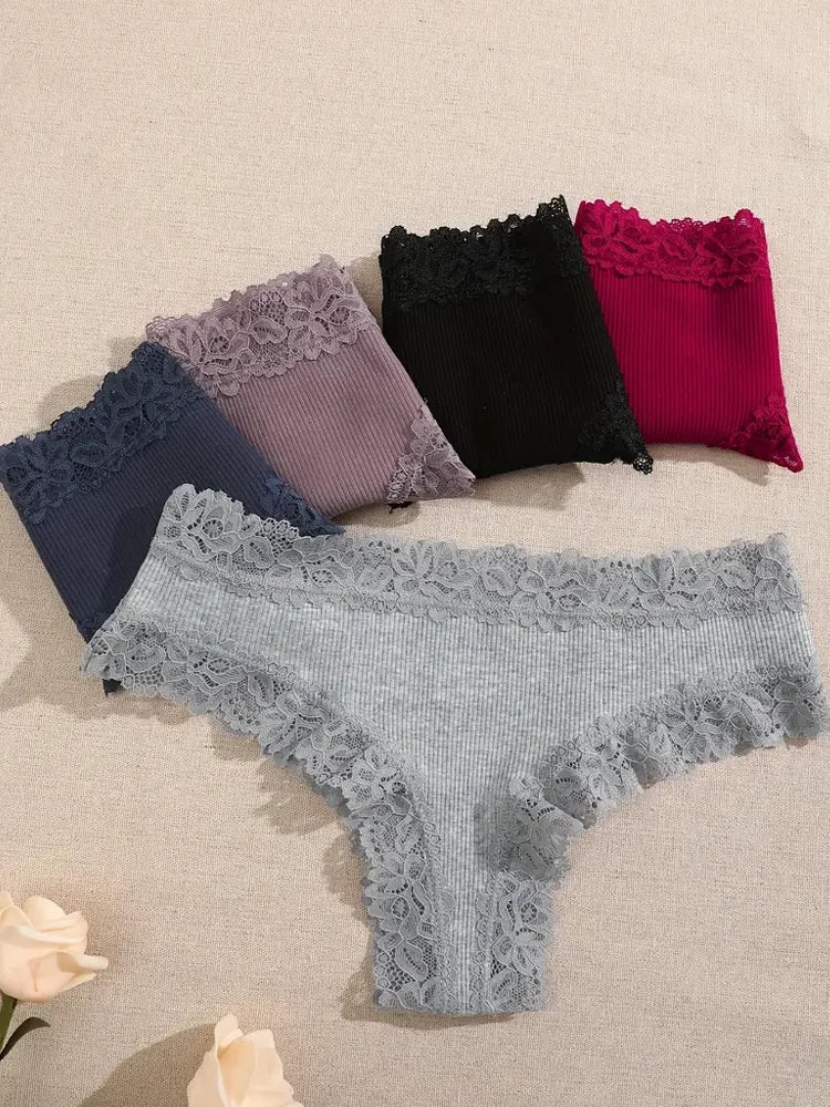 5Pcs Women Cotton Brazilian Pants Sexy Lace Brazilian Briefs Low Waist Floral Solid Color G-string Breathable Soft Lingerie