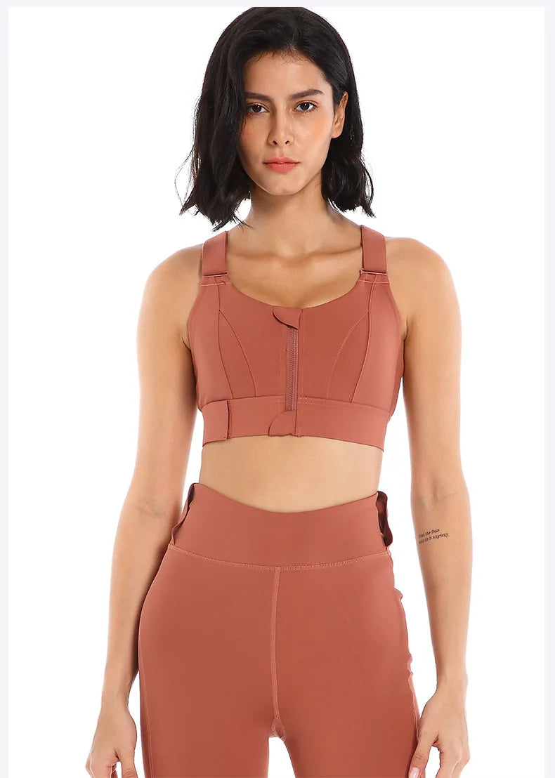 Sports Bras Tights Crop Top Women Yoga Vest Front Zipper Plus Size Adjustable Strap Shockproof Gym Fitness Athletic Brassiere